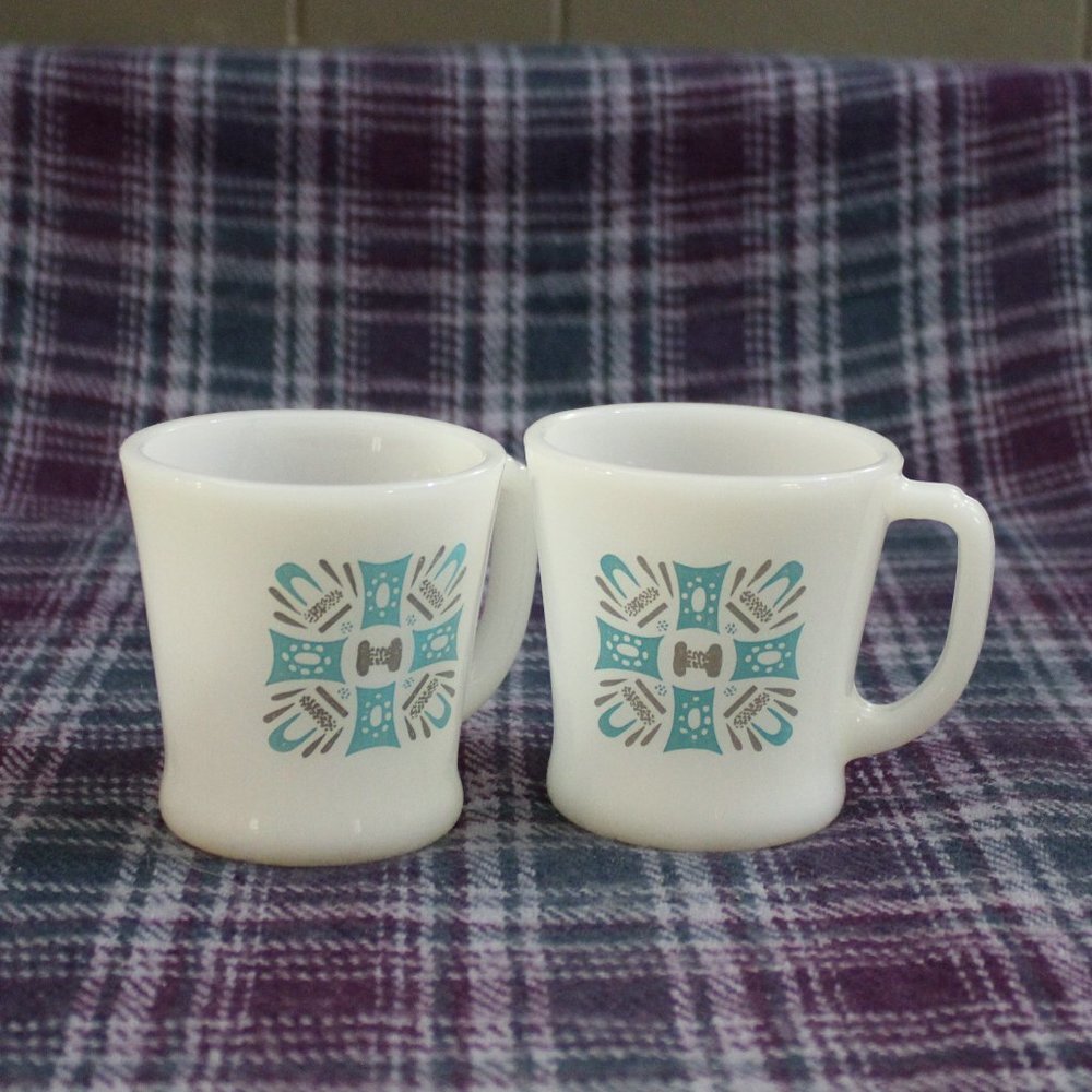 Vintage Glassbake Blue and White Coffee Mugs Set of Two
